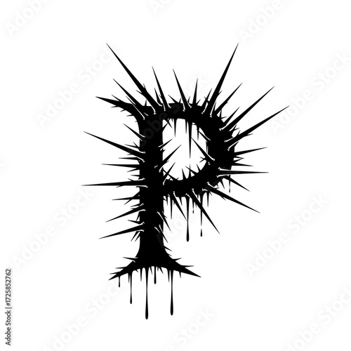Letter P with sharp spikes, black and white graphic design.