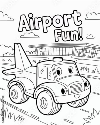 Cartoon airport tug vehicle with a building and clouds above