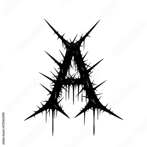 A stylized black capital letter 'A' designed with sharp thorns, spikes, and dripping details on a white background.