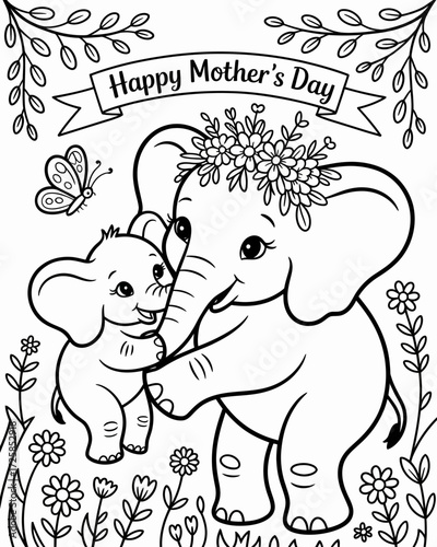 A heartwarming mother elephant and baby surrounded by floral designs