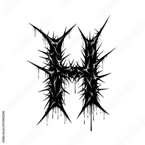 Black metal style letter H with sharp edges and drips.