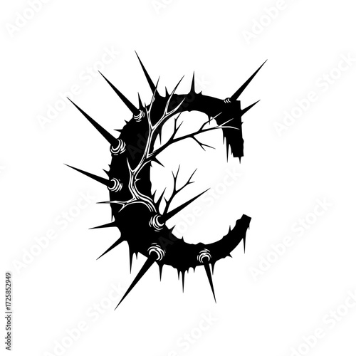 A gothic-style black letter C adorned with sharp thorns and an inner texture of tangled, bare branches.