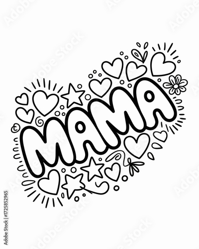 Artistic hand drawn illustration featuring the word mama with floral and heart details