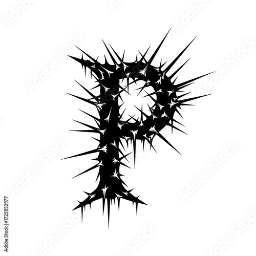 Black prickly letter P design, spiky texture, isolated on white background.