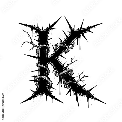 Black metal style letter K with thorns and vines.
