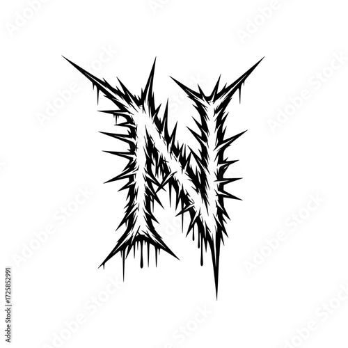 A stylized black letter 'N' with a thorny, spiky texture, reminiscent of heavy metal or gothic typography, isolated on a white background.