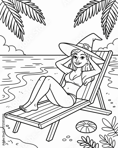 A smiling woman relaxes on a beach chair under palm trees