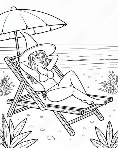 A woman relaxes on a beach chair under a parasol line art