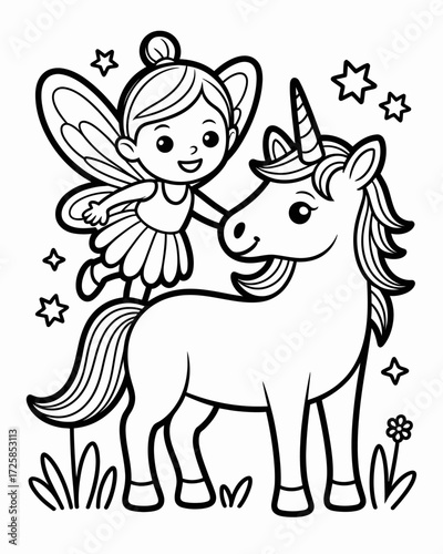 A charming illustration of a fairy riding a unicorn with stars