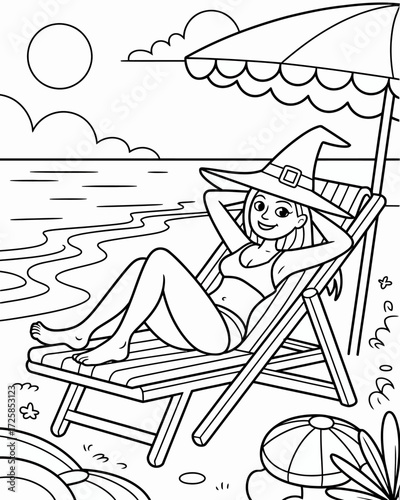 A witch relaxing on a beach chair under the sun and clouds