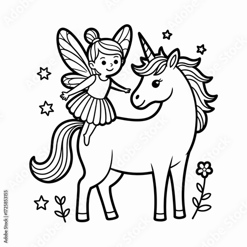 A charming fairy rides a majestic unicorn in a whimsical illustration
