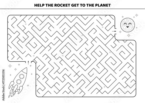 Black and white maze. Help the rocket get to the planet. Isolated vector illustration eps 10