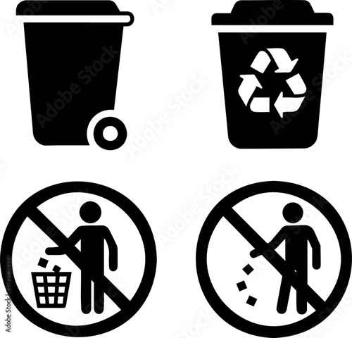 Four trash can icons and two no littering sign isolated on transparent background vector illustration