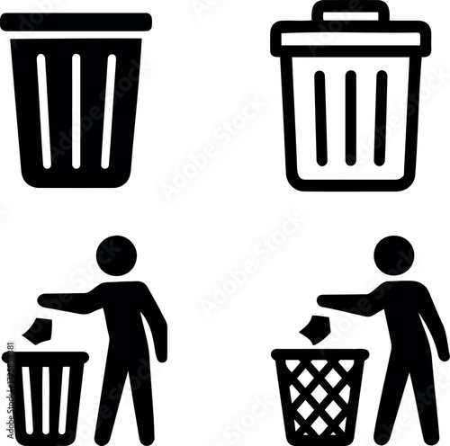 Four trash can icons and two people throwing trash isolated on transparent background vector illustration
