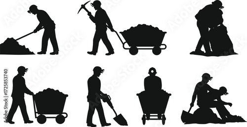 Mining silhouettes with shovel, pickaxe, cart, teamwork, jackhammer, underground labor, coal industry, hard work, industrial workers,