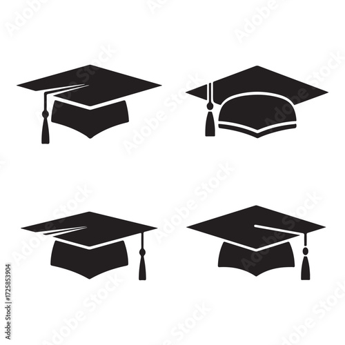 Vector art of set of four graduation caps in black silhouette on a