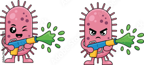 Cartoon bacteria characters with water guns, funny germ illustration, playful microbes, pink microorganisms, spraying liquid, educational vector, science humor artwork