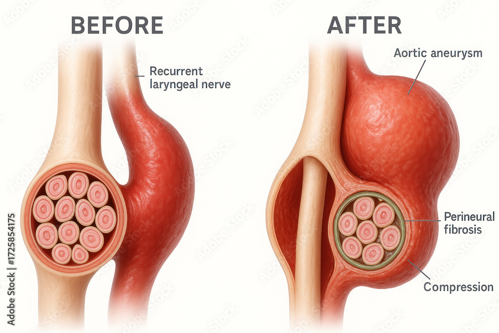 Obraz premium Aortic Aneurysm Compressing Recurrent Laryngeal Nerve With Perineural Fibrosis