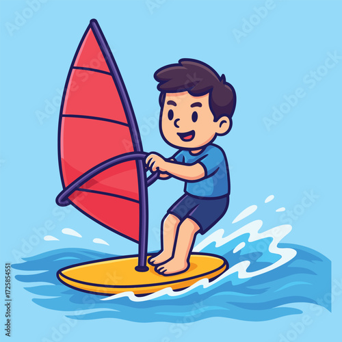 Boy windsurfing on blue sea with red sail vector