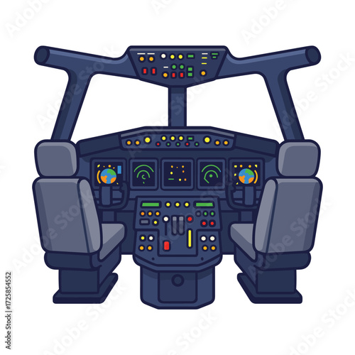 Airplane cockpit cartoon illustration. Aviation and technology concept
