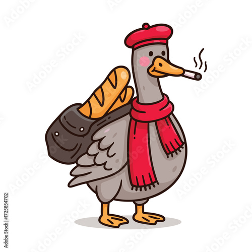 Funny cartoon goose in beret with baguette, scarf and cigarette mascot vector