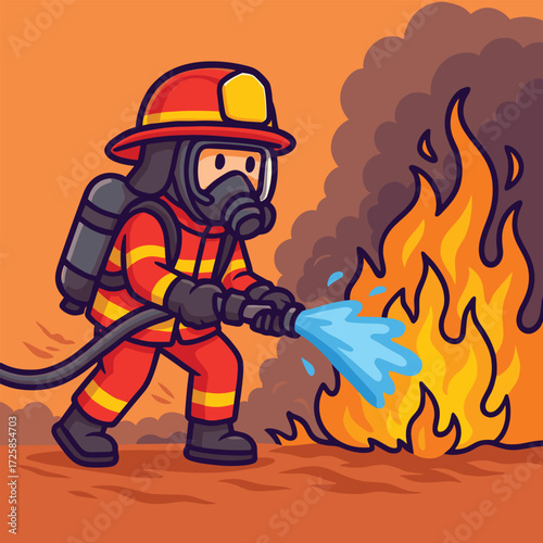 Firefighter spraying water on flames cartoon vector