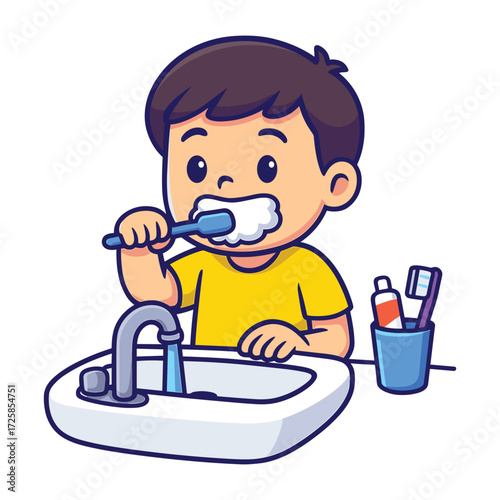 Kid boy brushing teeth vector cartoon illustration. Educational concept for hygiene and children’s routines