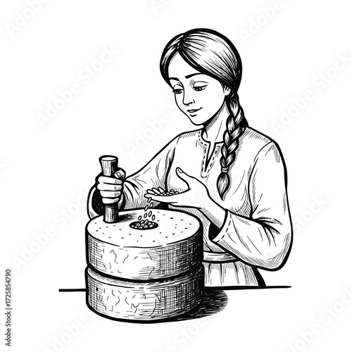 Woman grinding grain with a millstone. Traditional food preparation concept