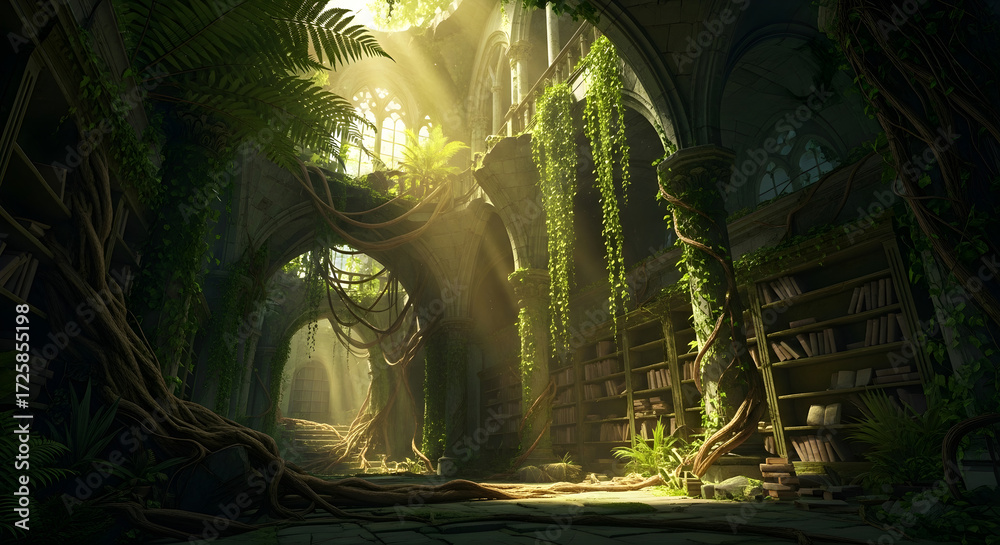 Fototapeta premium Explore the enchanting overgrown library ruins with sunlight and lush greenery nature wallpaper art