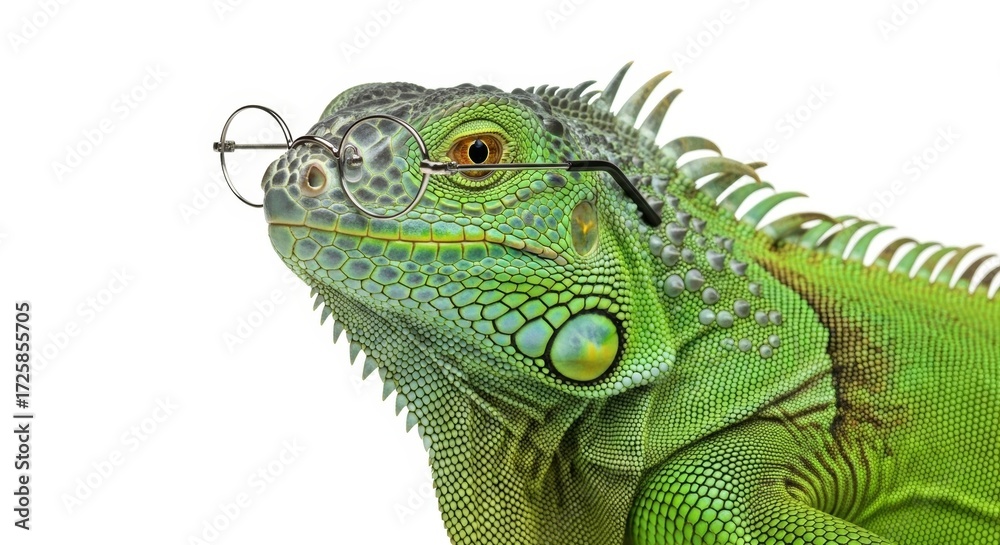 Obraz premium iguana wearing glasses, spectacles eyewear, on a solid white background