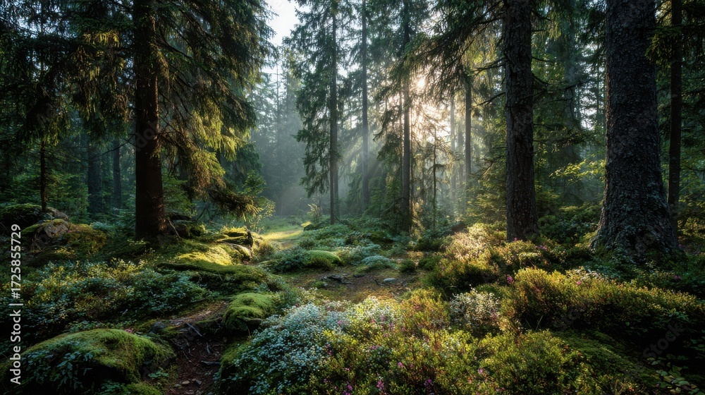 Obraz premium Tranquil Mossy Forest Clearing at Dawn with Gentle Sunlight Streaming Through Tall Trees Evoking Calmness and Inner Peace