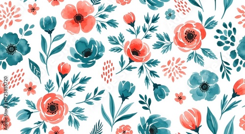 Watercolor floral pattern of hand-painted wildflowers and sprawling leaves tied with a sheer ribbon on a bright white silk background, created for wallpaper and fabric, illuminated with diffused	