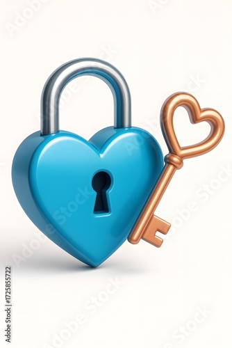 3D Illustration of a Blue Heart-Shaped Padlock with a Golden Heart Key on a Light Background, Representing Emotional Security, Love, and Unique Connections