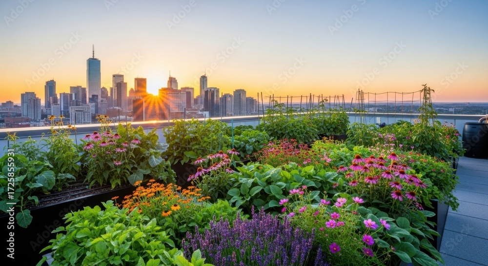 Fototapeta premium Vibrant rooftop urban garden blooming with diverse flowers and lush greenery under a breathtaking golden sunset, overlooking a modern city skyline at tranquil dusk