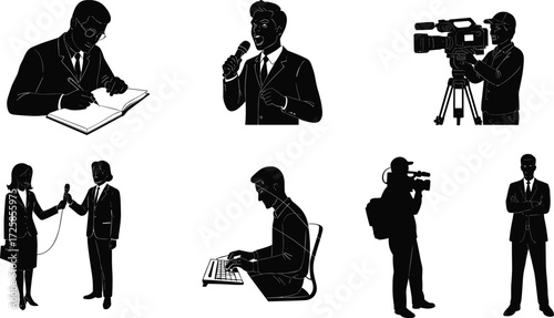 Journalist writing notes, news reporter speaking, cameraman filming video, interviewer asking questions, writer typing, professional manager standing confident, media broadcasting teamwork