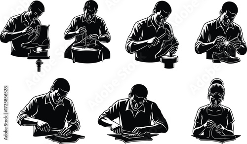 Shoemaker silhouettes, cobbler at work, man repairing shoes, leatherworker cutting material, woman sewing leather, handmade shoes, 