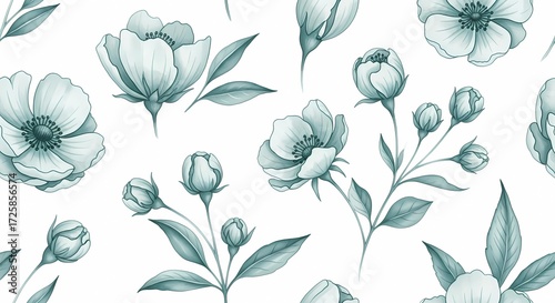 Watercolor floral pattern of hand-painted wildflowers and sprawling leaves tied with a sheer ribbon on a bright white silk background, created for wallpaper and fabric, illuminated with diffused	