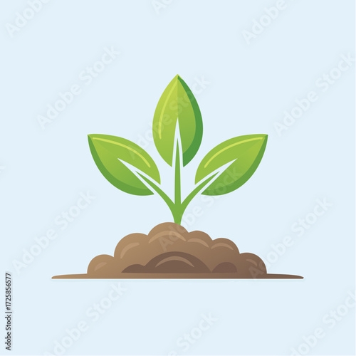 A simple vector illustration of a green sprout with three leaves emerging from a mound of brown soil.