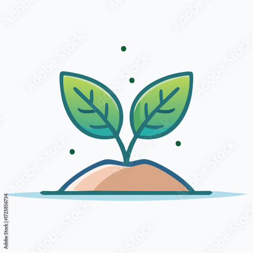 A simple cartoon illustration of a green plant sprout with two leaves growing from a small mound of soil, symbolizing new life and growth.