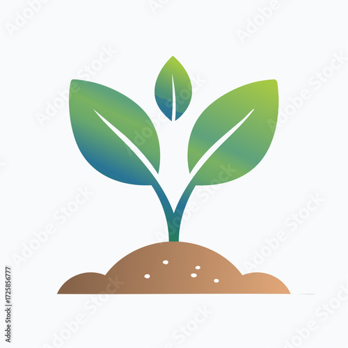 A stylized illustration of a young green seedling with three leaves sprouting from a mound of soil.