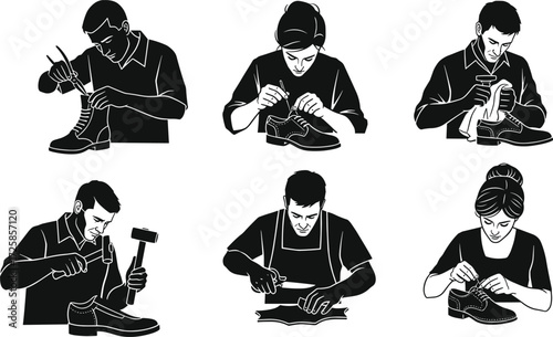 Shoemaker silhouettes, cobbler repairing shoes, man stitching leather, woman shoemaker sewing, hammering shoes, leather cutting,