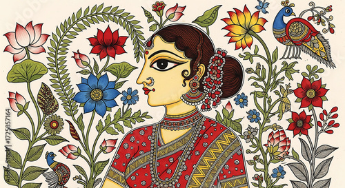 Vibrant indian folk art depicts a woman adorned in traditional attire amidst lush floral and avian motifs
