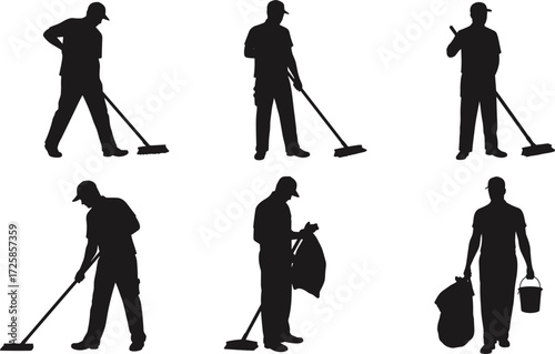 Silhouette, of, janitor, workers, cleaning, with, mop, vacuum, bucket, trash, bag, tools, hygiene, maintenance, professional, 