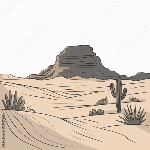 Cartoon desert landscape with sandstone butte and cacti illustration for adventure travel or environmental themes