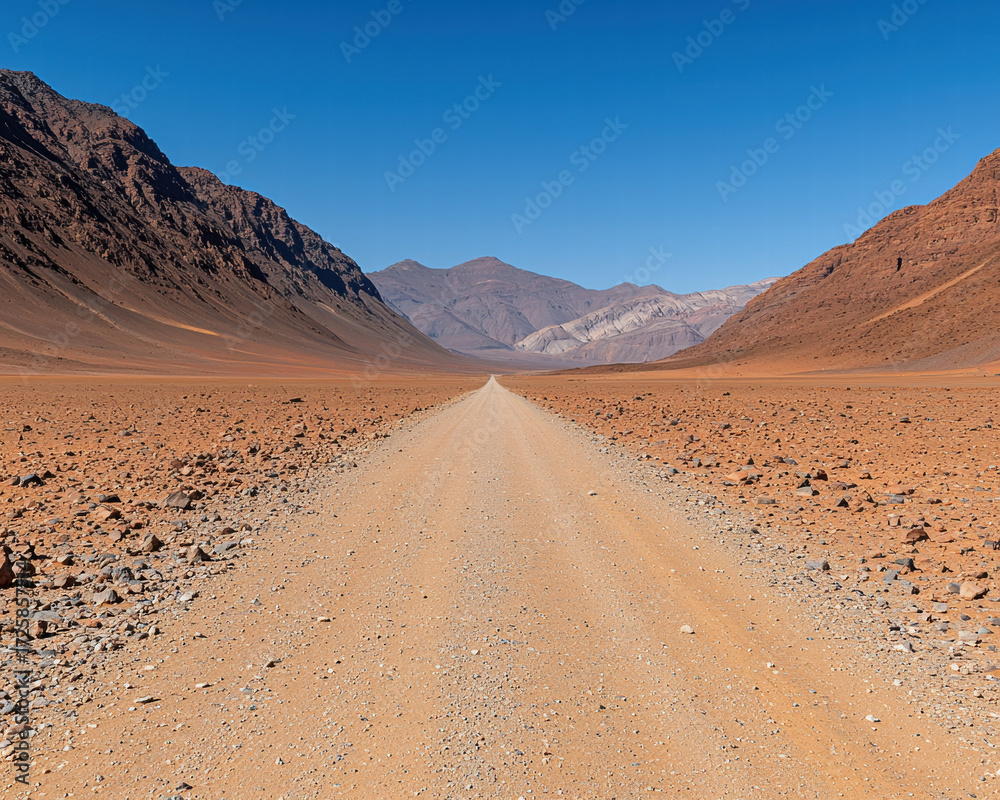 Naklejka premium Lonely road stretching into horizon through arid red desert valley under clear blue sky, evocative and vast