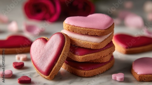 Delicious Stack of Artisanal Cookies with Pink and Red Icing Surrounded by Romantic Rose Petals for Luxurious Dessert Experiences