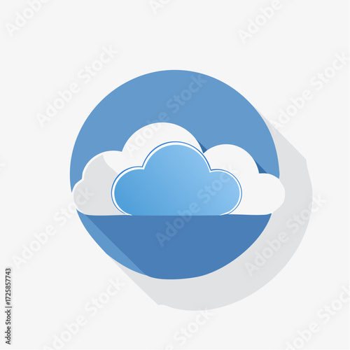 A flat design style icon of a blue and white cloud inside a blue circle, with a long diagonal shadow.