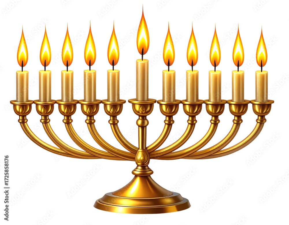 Fototapeta premium Traditional Menorah with Lit Candles, Realistic Rendering, White Background