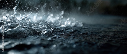 Closeup of heavy rain drops splashing on dark pavement, creating dynamic water droplets and ripples Concept of weather, nature, and monsoon season