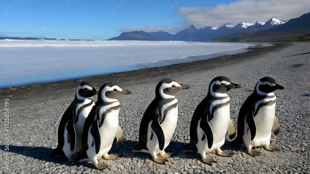 Obraz premium Young Magellanic penguins in the various state of molting sit on the shores of the Atlantic Ocean off the coast of Patagonia in Argentina.